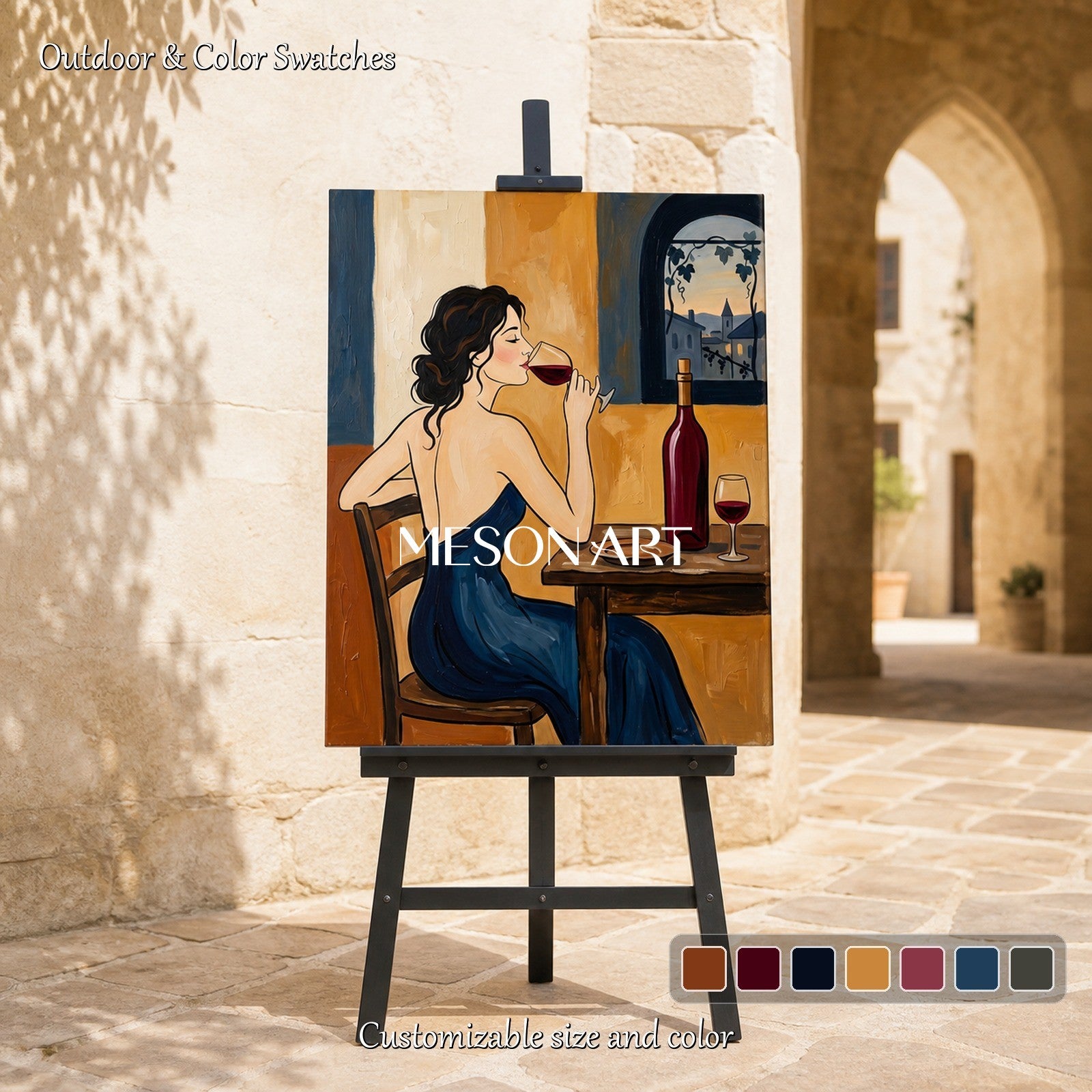 Blue And Brown Figurative Painting Original Contemporary Art Wine Tasting Scene Rectangular Wall Decor For Dining Room By Mesonart
