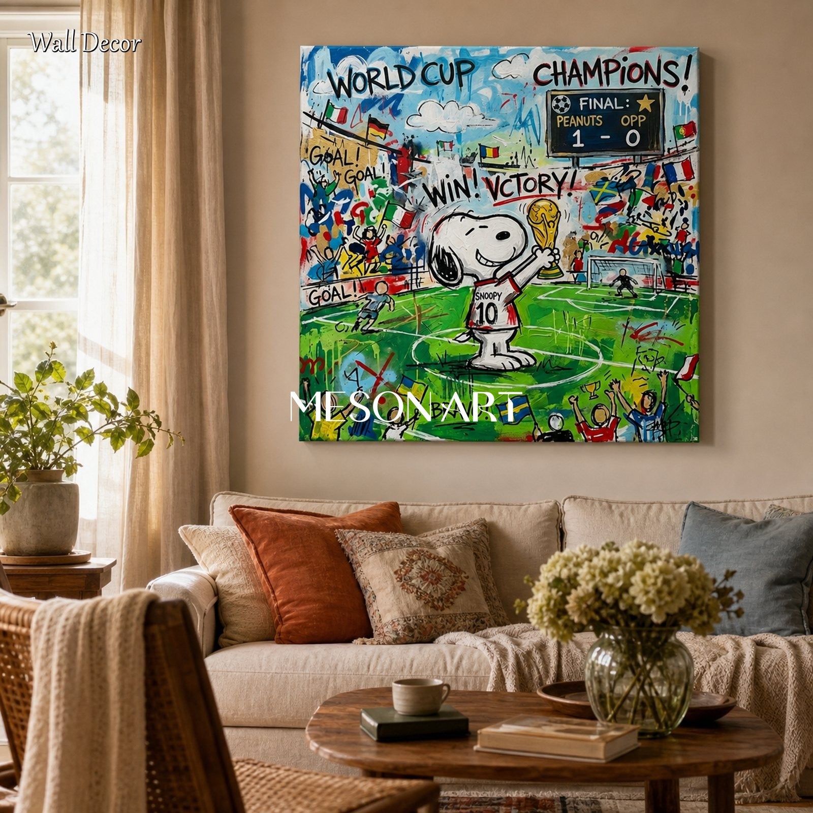 スヌーピーのワールドカップ優勝を題材にしたポップアート絵画。子供
