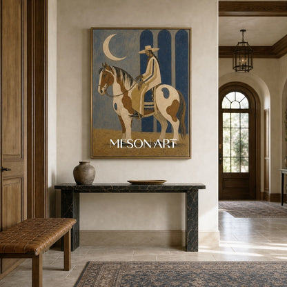 Moonlit Cowboy Horse Painting Art Deco Style Textured Canvas Wall Decor For Living Room Office