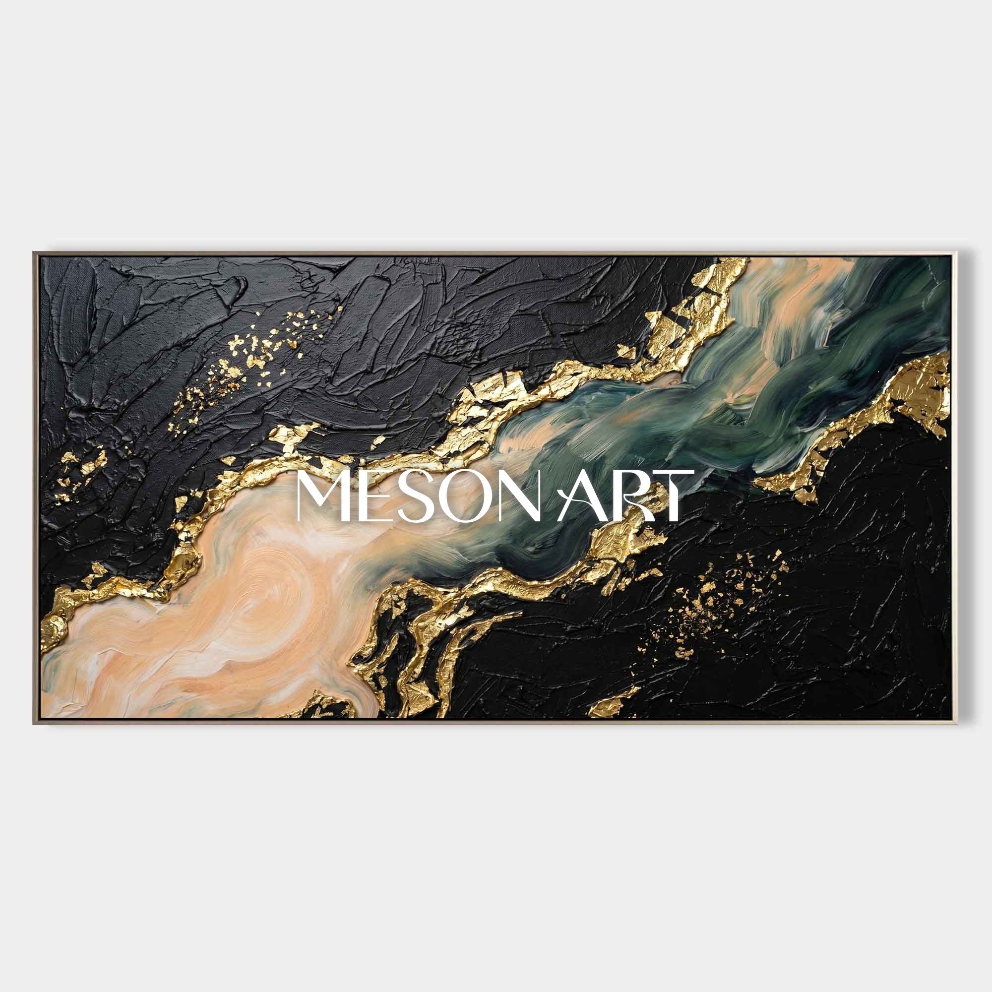 Luxury Black And Gold Plaster Abstract Art With Fluid Motion For Modern Living Room