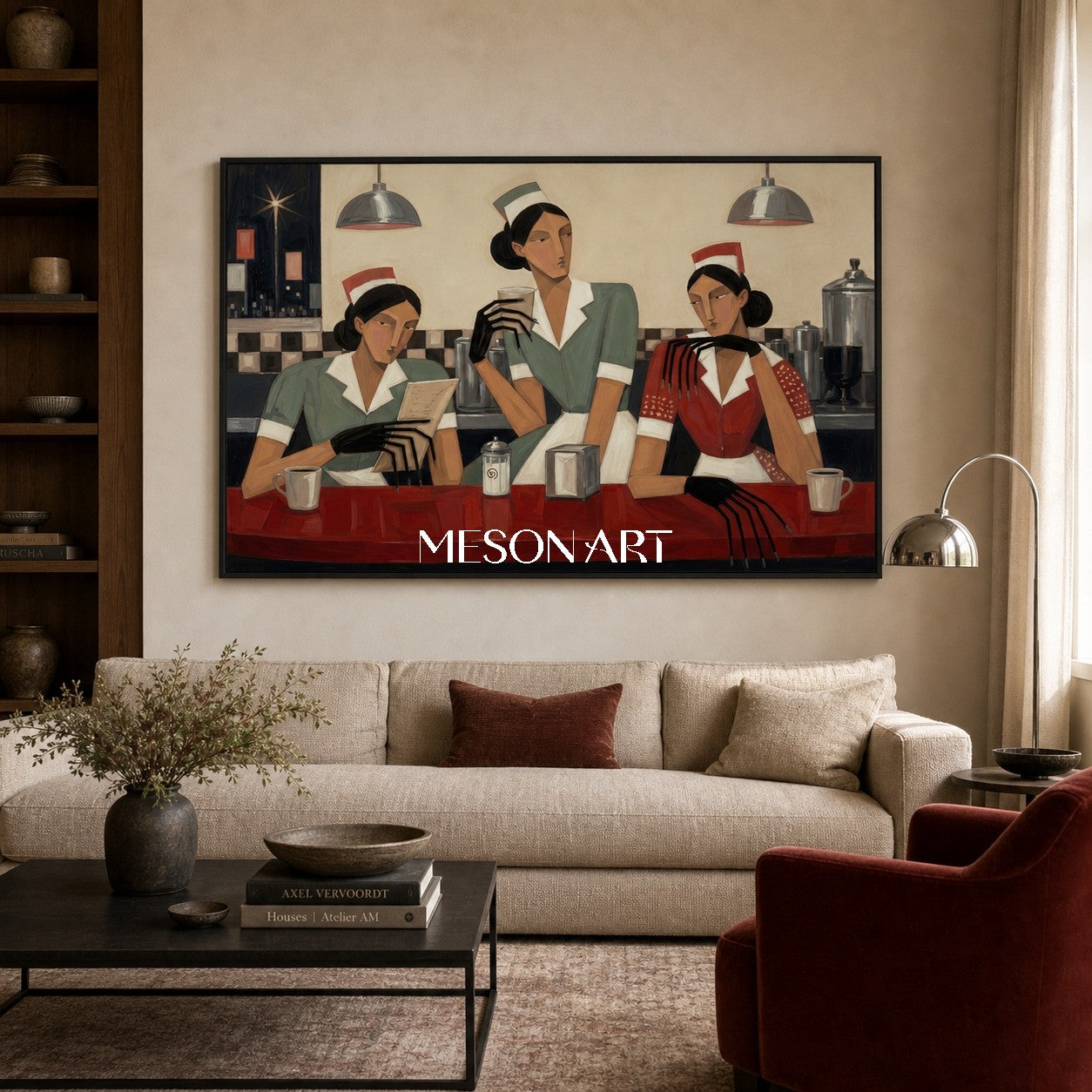 Art Deco Figurative Painting With Geometric People For Modern Living Room And Dining Room Decor