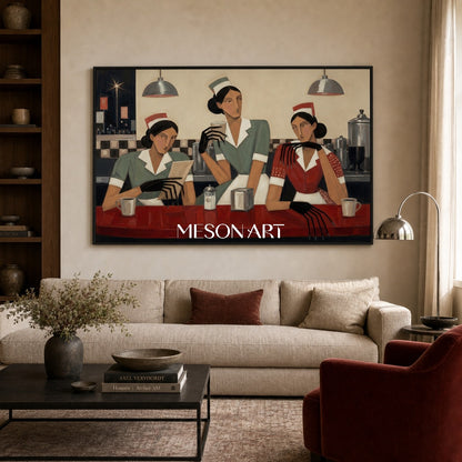 Art Deco Figurative Painting With Geometric People For Modern Living Room And Dining Room Decor