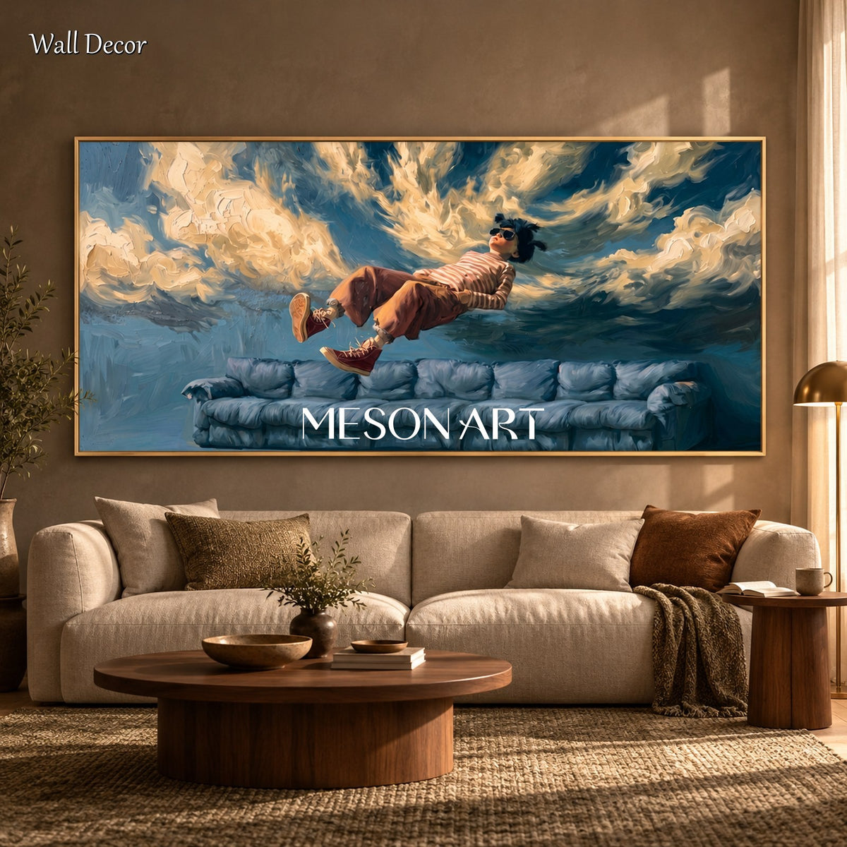 Blue And Brown Surrealist Painting Weightless Scene Panoramic Wall Art For Living Room By Mesonart