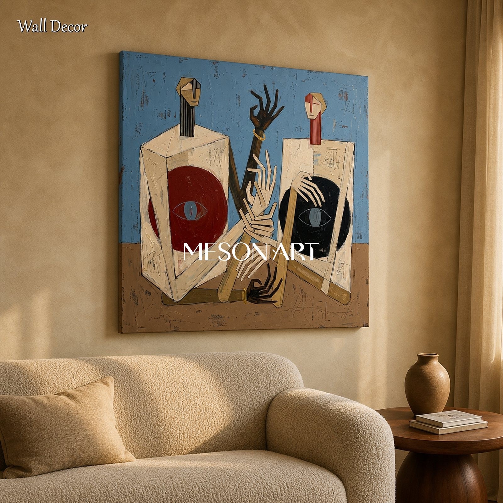Blue And Brown Painting Contemporary Figurative Expressionism Square Wall Art For Living Room By Mesonart