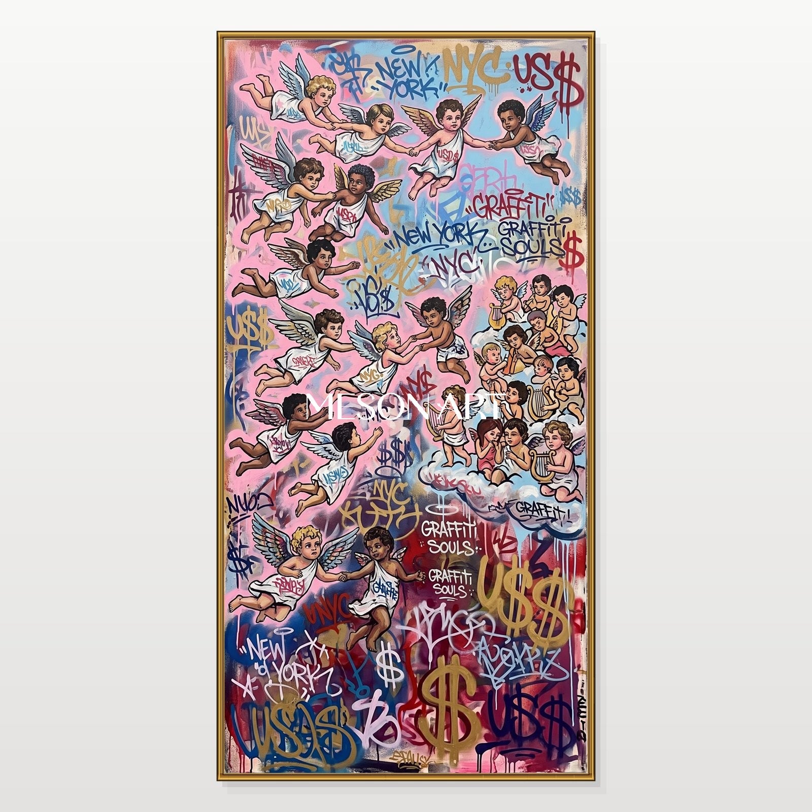 Pink And Gold Graffiti Art Panoramic Wall Decor For Living Room Original Artist Hand Painted By Mesonart
