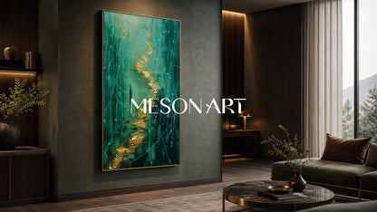 Green And Gold Pollock Abstract Art Painting With Fluid Lines For Modern Living Room Decor