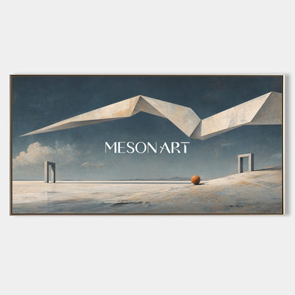 Surrealist Geometric Art Painting For Modern Living Room With Soft Blue Beige Tones