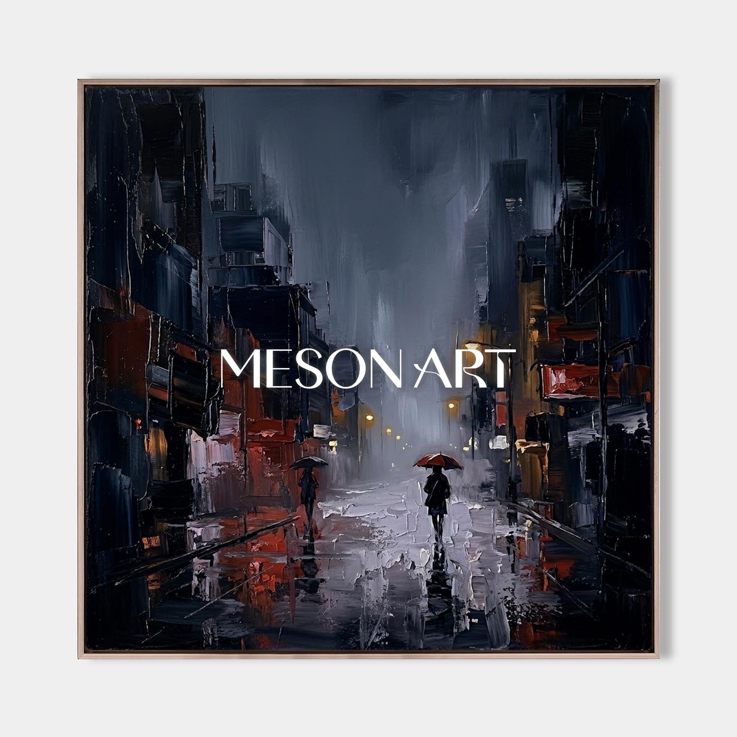 Abstract City Rain Painting With Plaster Texture For Modern Living Room And Office Decor
