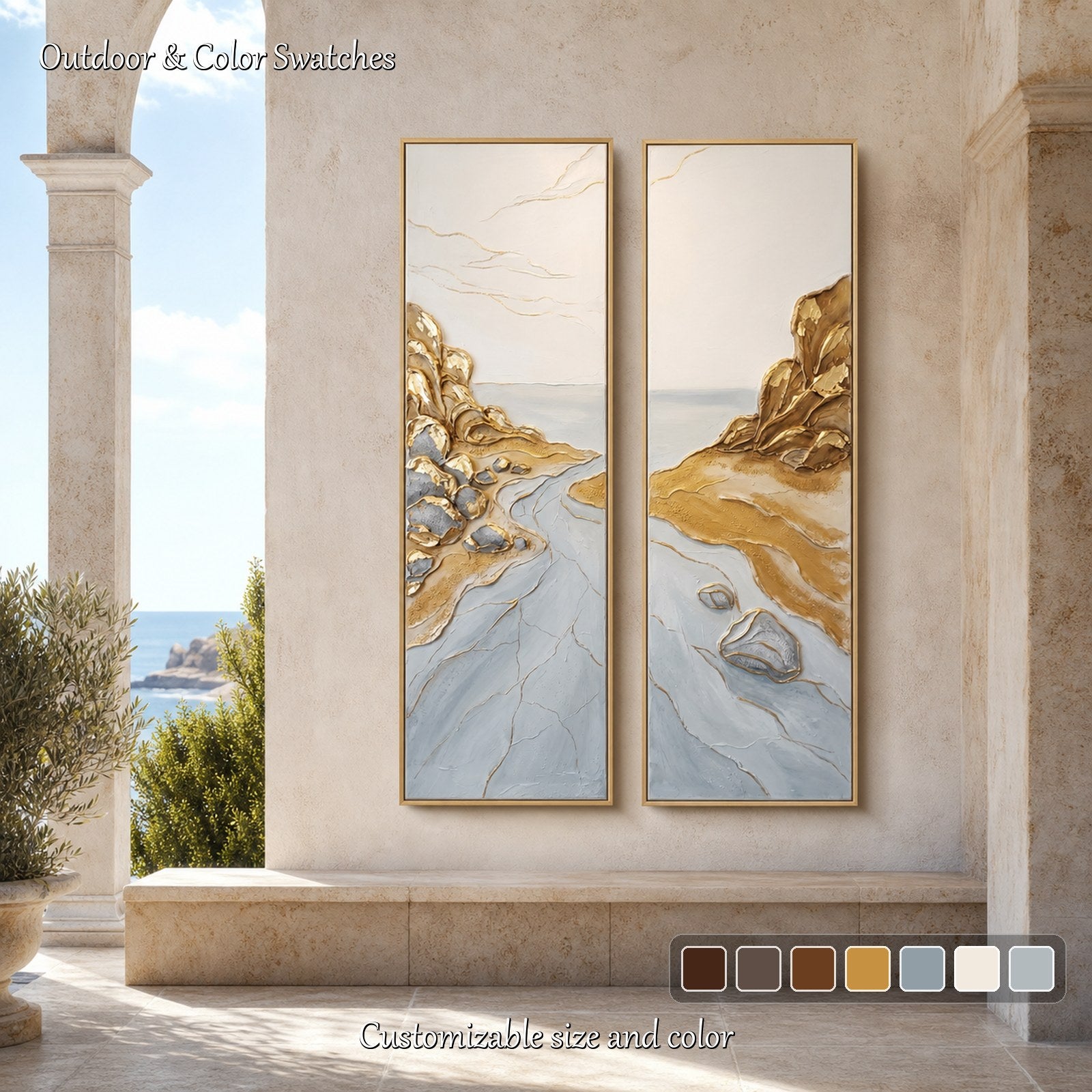 Large Gold And Blue Textured Painting Abstract Ocean Wall Art For Modern Living Room Entryway Decor