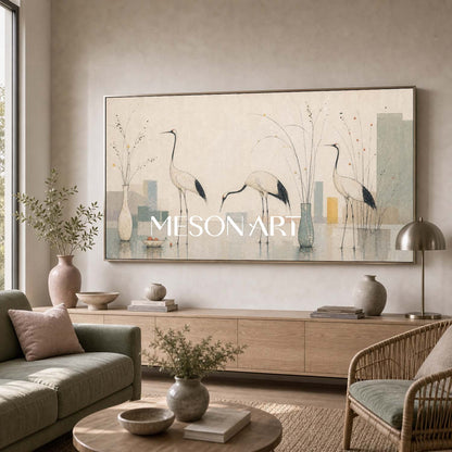 Large Minimalist Crane Wall Art With Still Life For Modern Living Room Decor