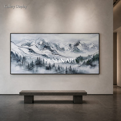 White And Black Mountain Landscape Painting Contemporary Textured Panoramic Art By Mesonart