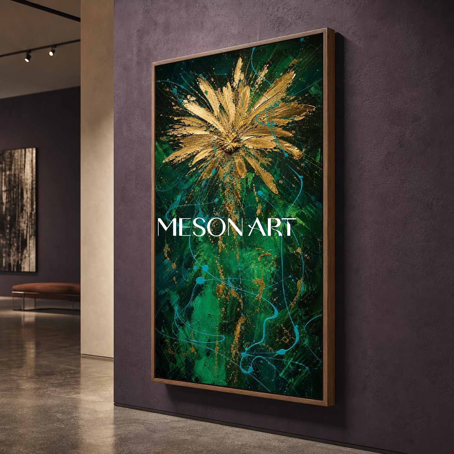 Emerald Green And Gold Abstract Painting In Pollock Style For Living Room