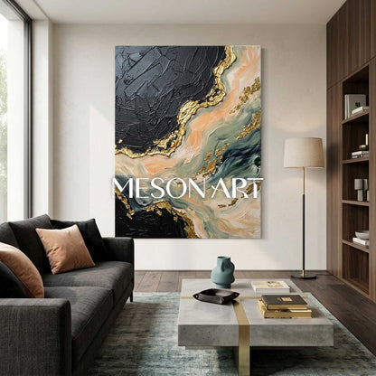 Gilded Tides Abstract Plaster Art With Gold Accents For Living Room Decor