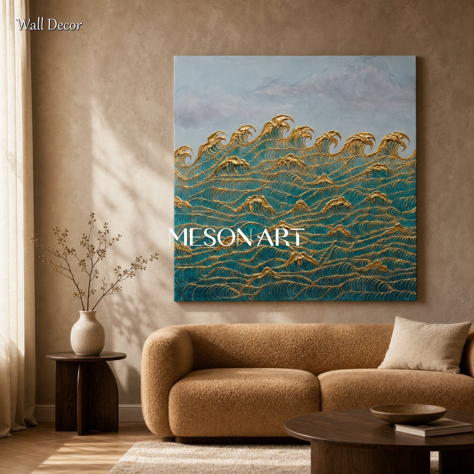 Gilded Wave Painting In Teal And Gold For Art Deco Living Room Decor With Textured Relief