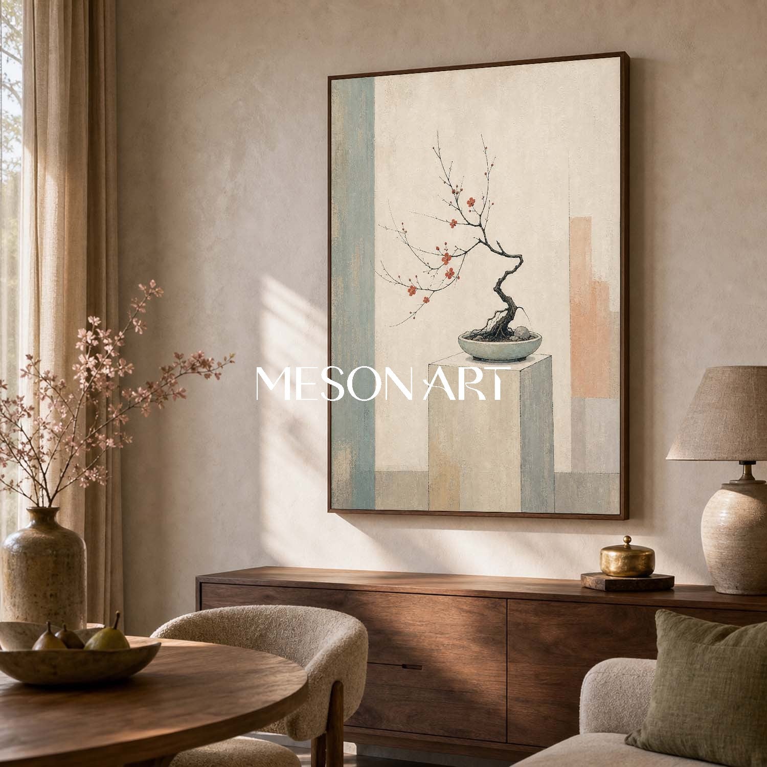 Minimalist Bonsai Painting With Geometric Background For Living Room And Office Decor