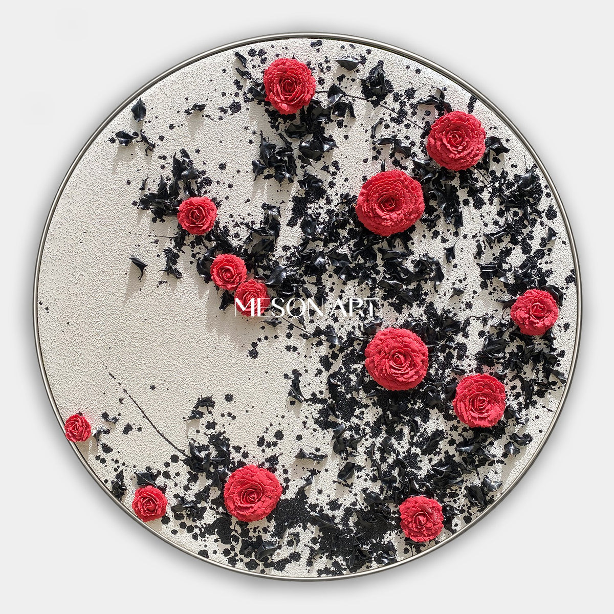 Red And Black Botanical Painting Modern Organic Circular Wall Art Original Hand Painted By Mesonart
