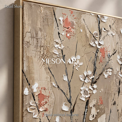 Beige And White Abstract Floral Painting Square Wall Art Original Artist Hand Painted By Mesonart