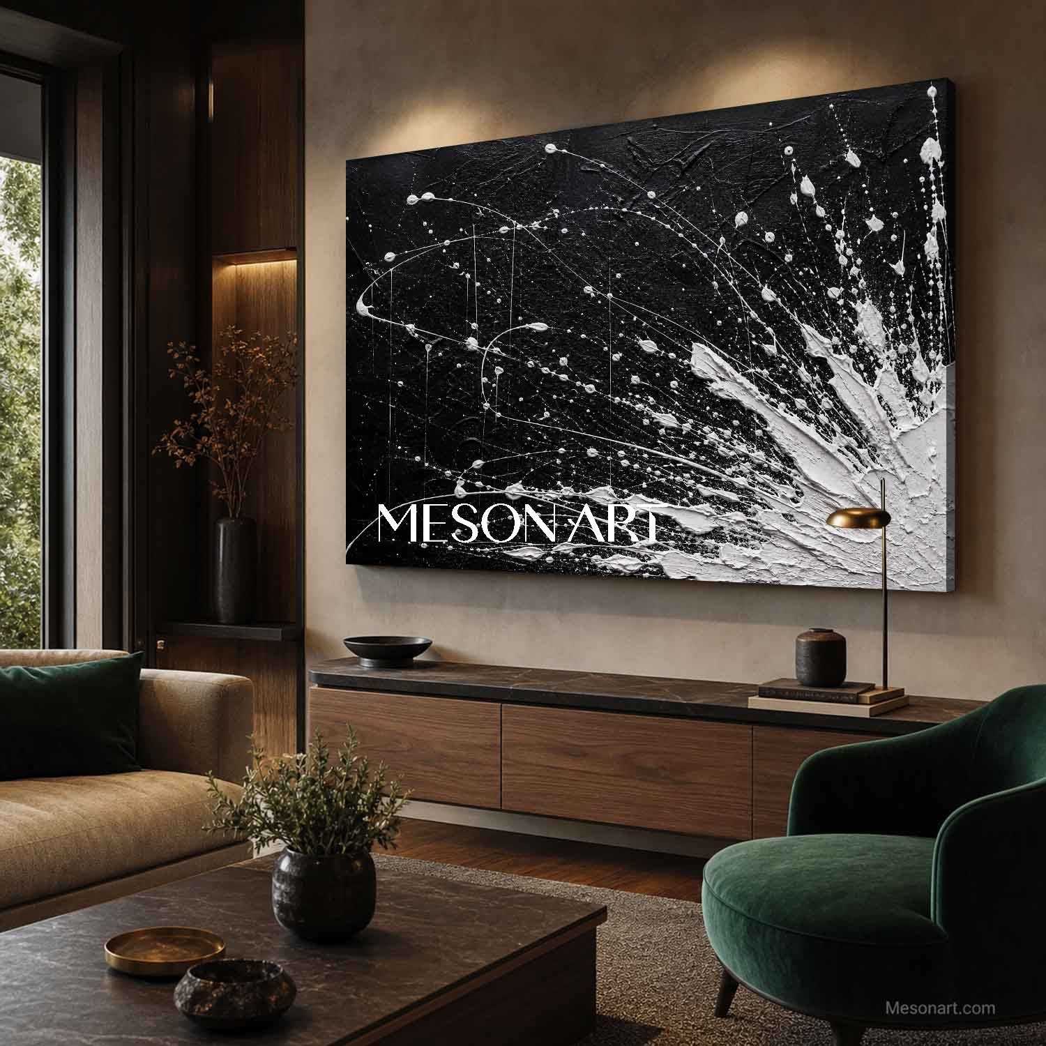 Original Black And White Abstract Painting With Thick Impasto Texture For Modern Living Room