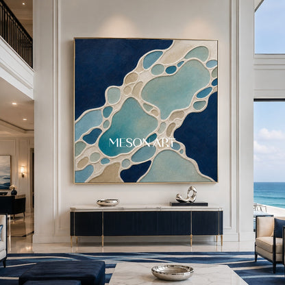 Blue Turquoise Abstract Painting With Textured Impasto For Coastal Living Room Decor