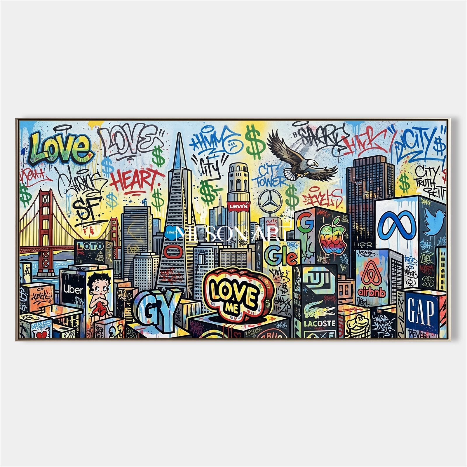 Blue And Yellow Graffiti Painting Panoramic Wall Art Original Banksy Style For Living Room By Mesonart