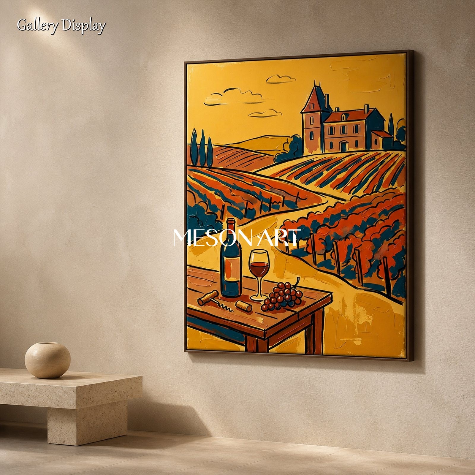 Gold And Red Contemporary Figurative Vineyard Landscape Painting Rectangular Wall Art For Dining Room By Mesonart
