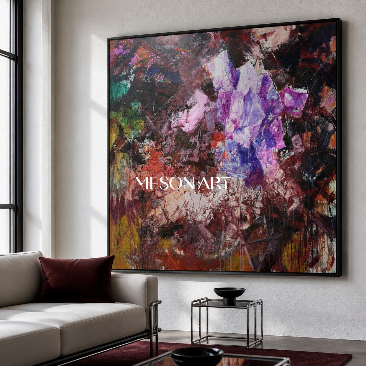 Purple And Red Abstract Expressionist Painting Square Wall Art Original Artist Hand Painted By Mesonart