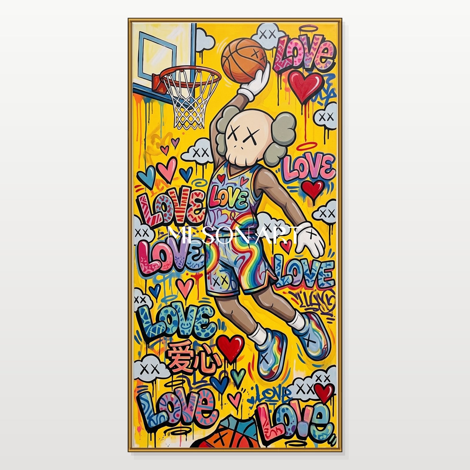 Vibrant Graffiti Basketball Art With Love Hearts For Modern Kids Room Decor