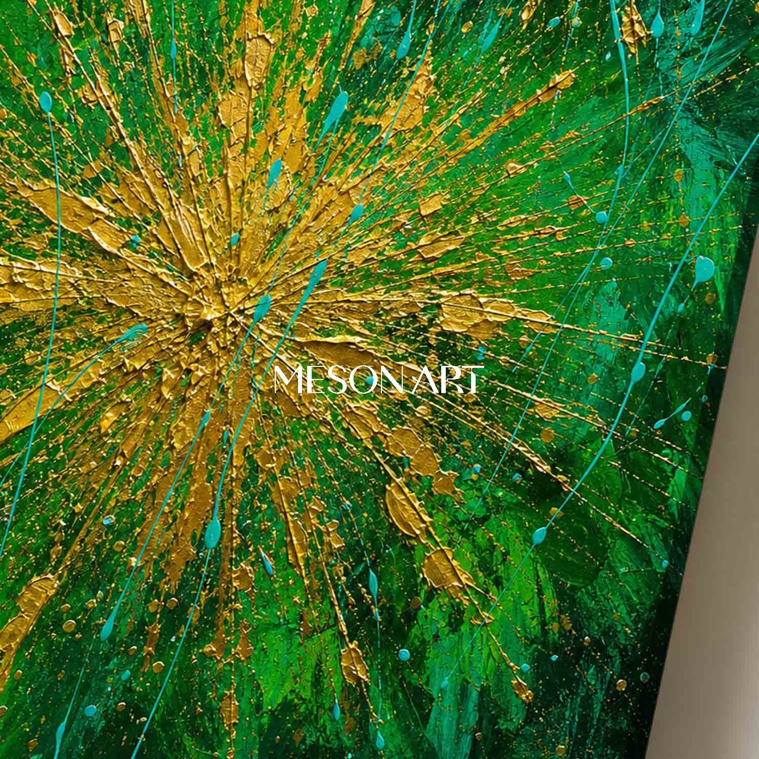 Green And Gold Abstract Painting With Textured Relief And Metallic Accents For Modern Living Room