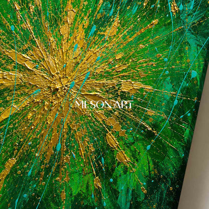 Green And Gold Abstract Painting With Textured Relief And Metallic Accents For Modern Living Room