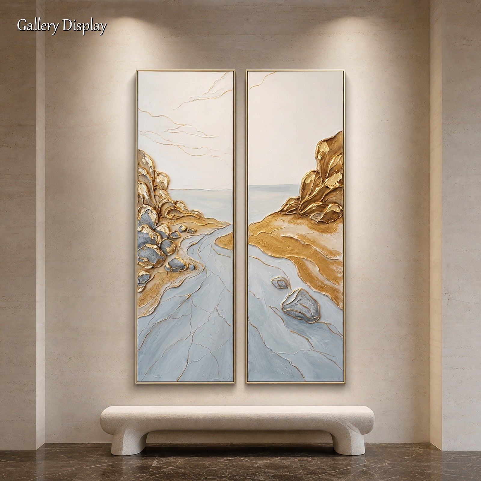 Large Gold And Blue Textured Painting Abstract Ocean Wall Art For Modern Living Room Entryway Decor