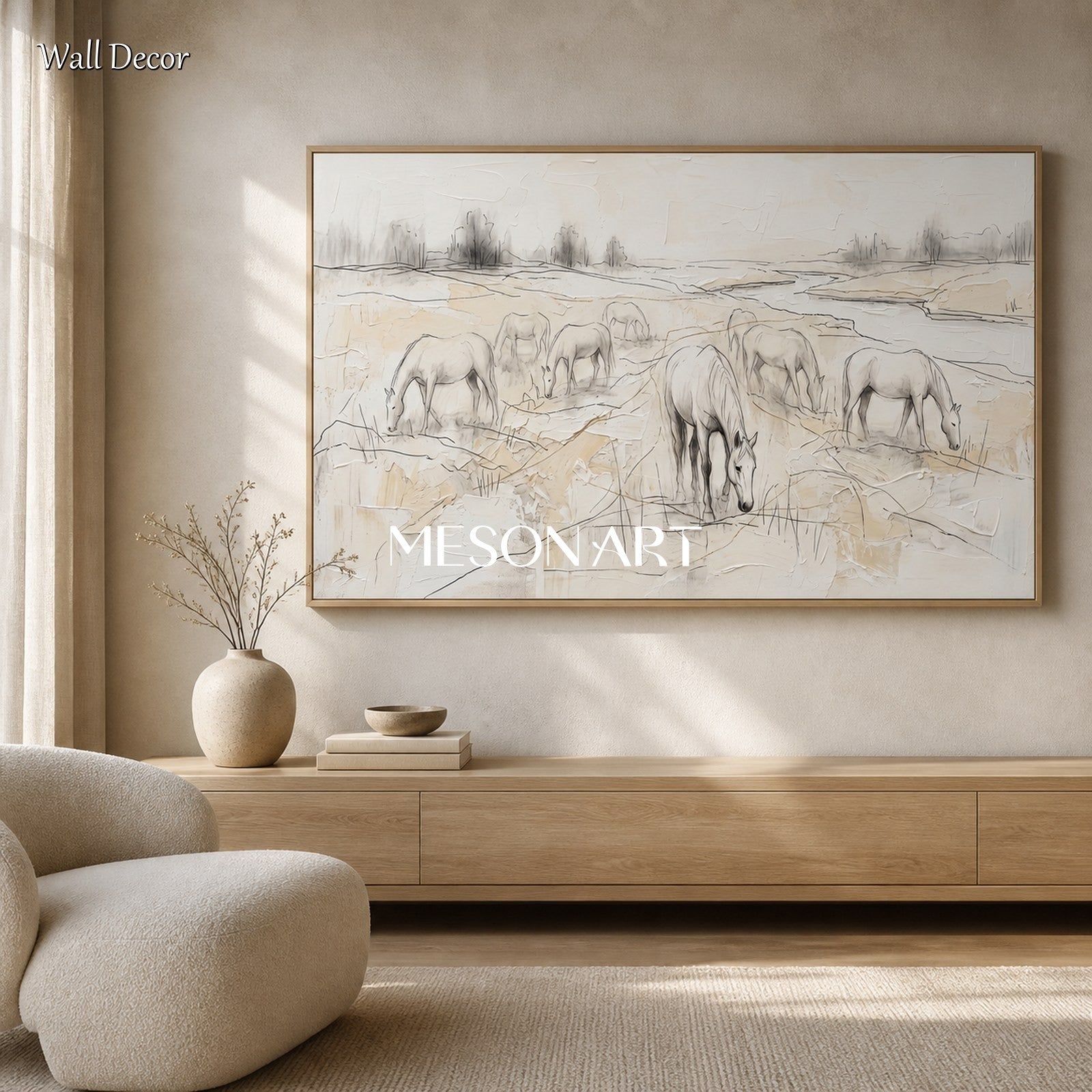 Beige And White Horses Grazing Minimalist Painting Original Artist Panoramic Wall Art For Living Room By Mesonart