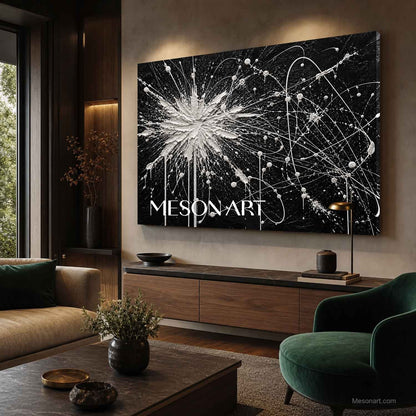 Black And White Pollock Style Abstract Painting With Textured Relief For Modern Wall Art