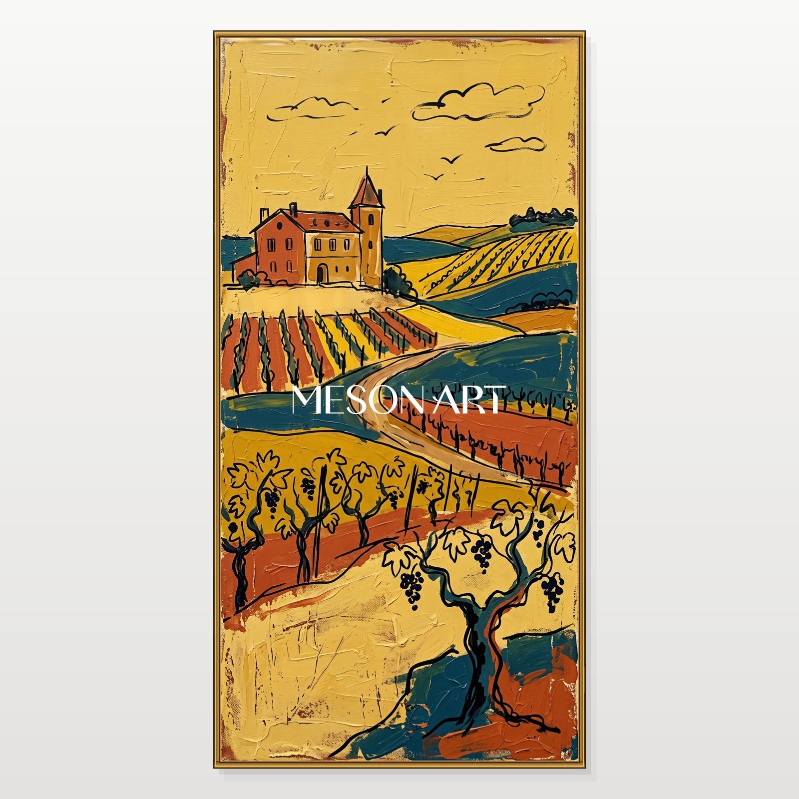 Gold And Brown Contemporary European Countryside Painting Original Artist Panoramic Wall Art For Dining Room By Mesonart