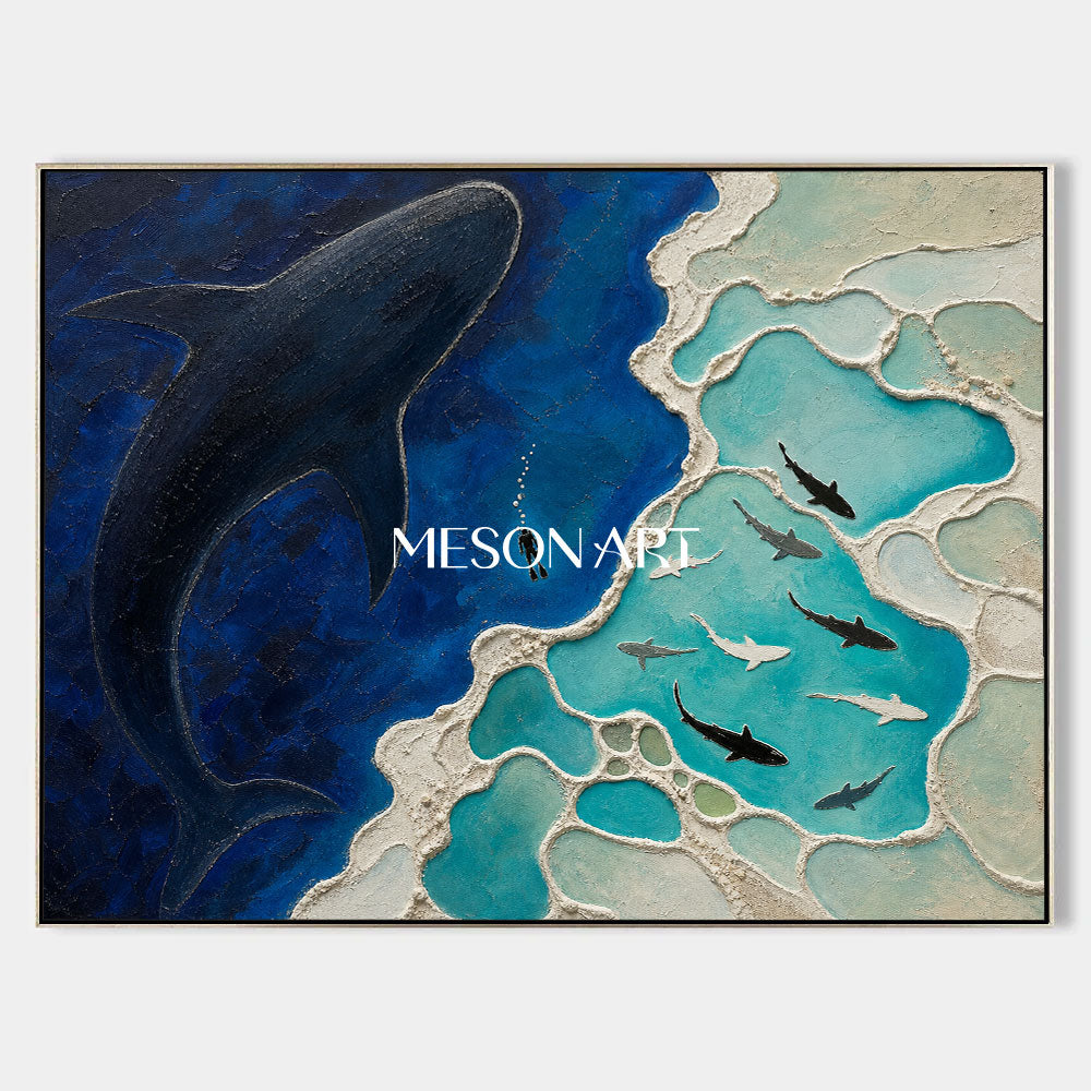 Original Whale Silhouette Ocean Art With Textured Reef For Living Room Decor