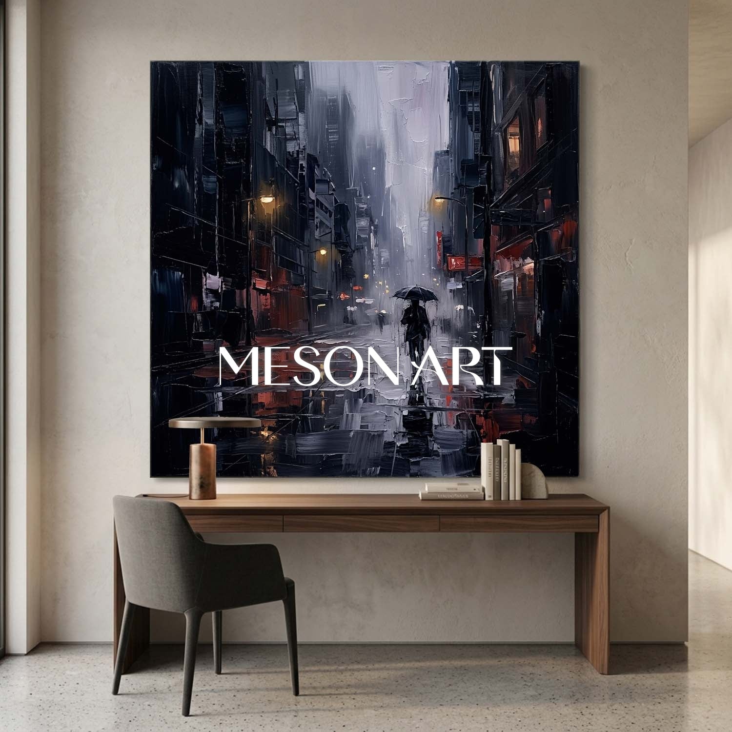 Abstract Cityscape Painting With Textured Plaster Finish For Industrial Loft Living Room