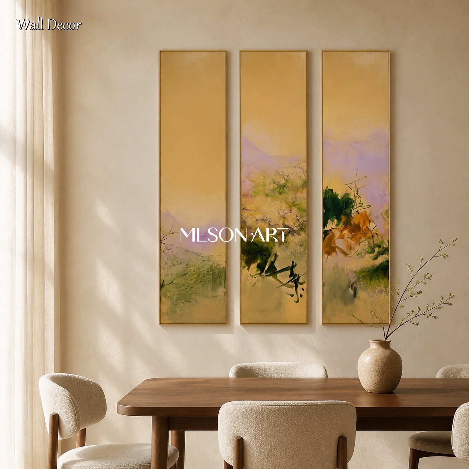 Gold And Green Abstract Expressionist Landscape Painting Rectangular Wall Art For Living Room By Mesonart