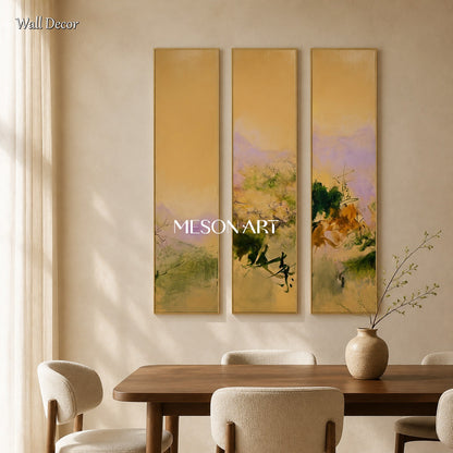 Gold And Green Abstract Expressionist Landscape Painting Rectangular Wall Art For Living Room By Mesonart