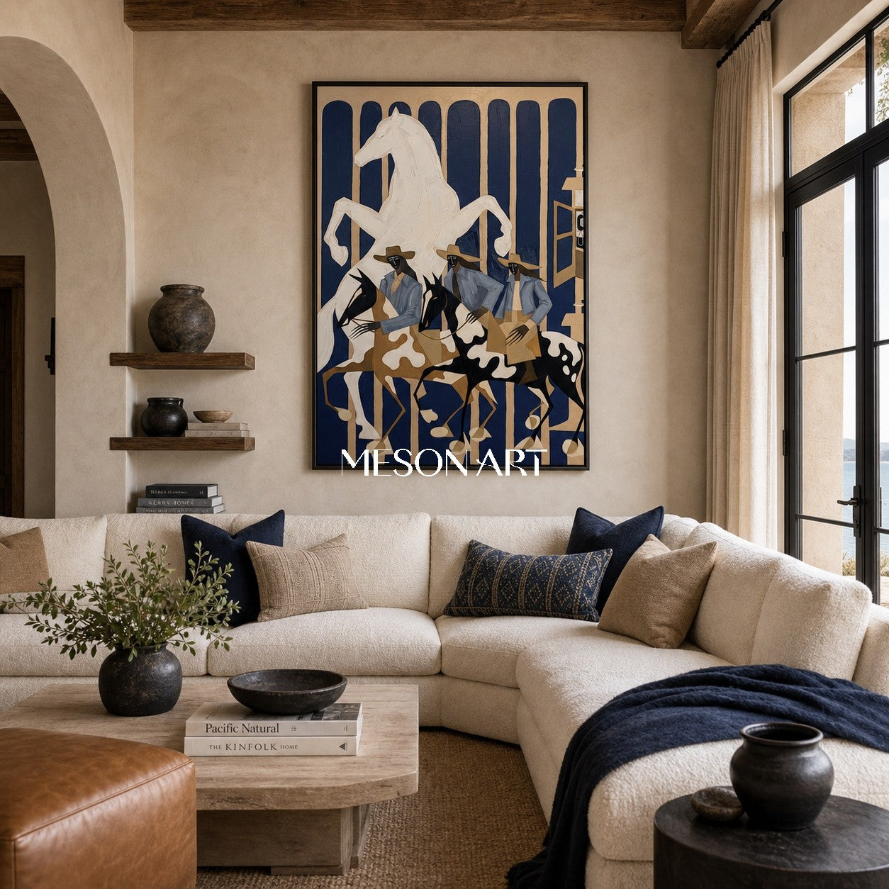 Surreal Cowboy Horse Painting With Textured Relief For Modern Living Room Decor