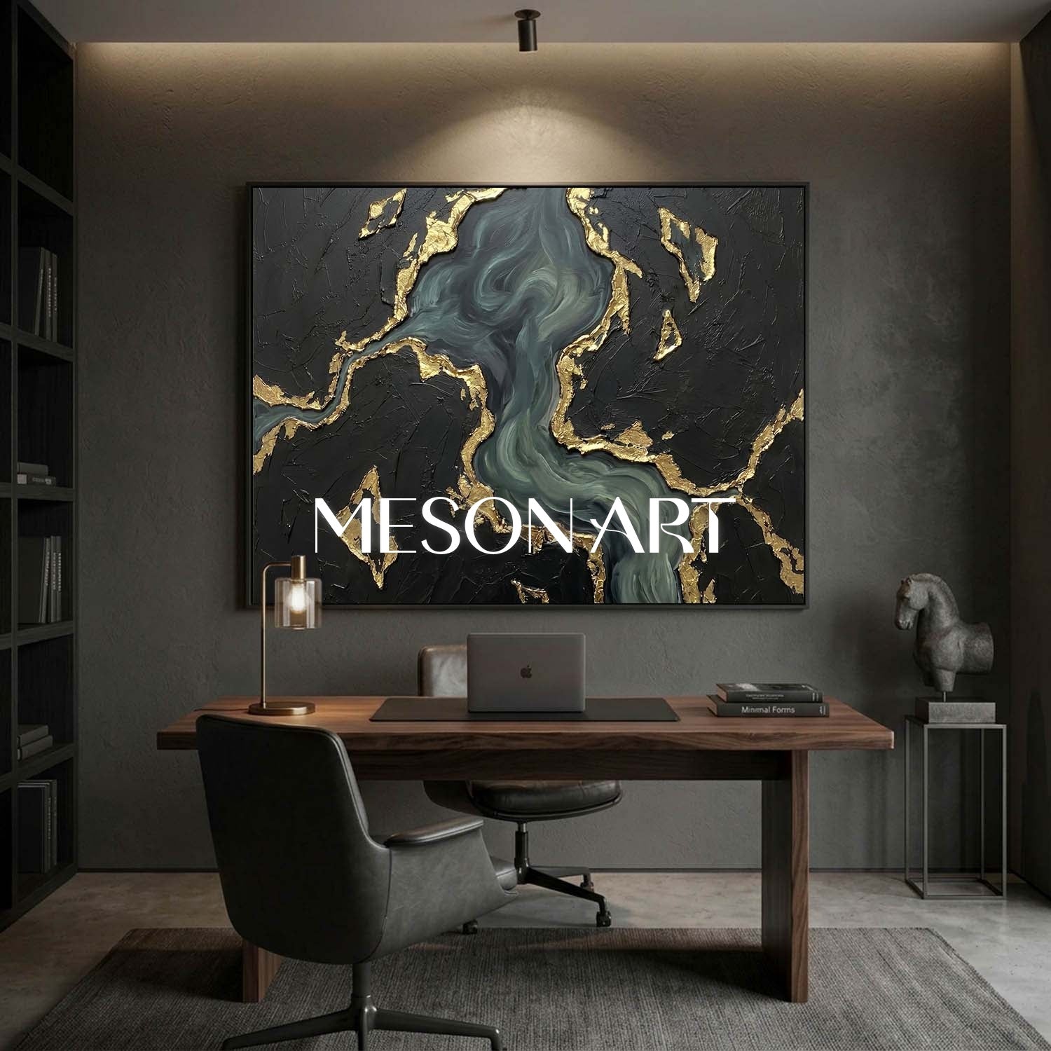 Gilded Midnight Ocean Plaster Art With Gold Veins For Living Room And Executive Office Decor