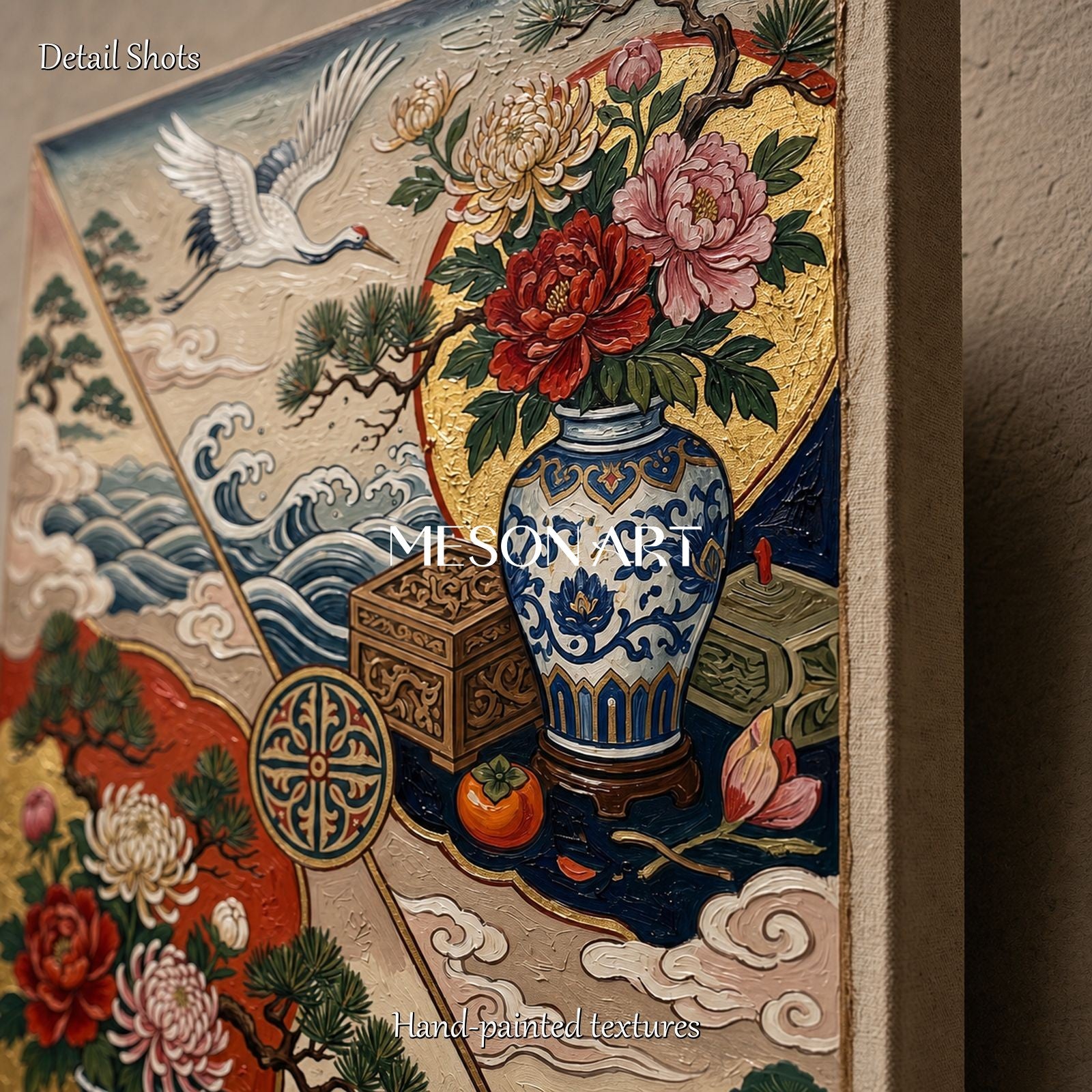 Luxury Chinoiserie Crane And Peony Wall Art With Gold Frame For Living Room Entryway Decor