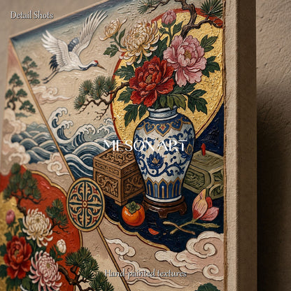 Luxury Chinoiserie Crane And Peony Wall Art With Gold Frame For Living Room Entryway Decor
