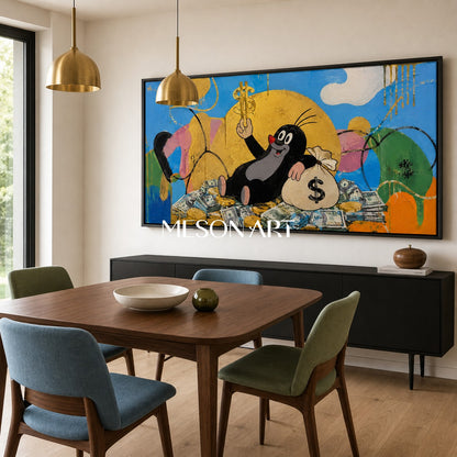 Golden Fortune Fable Pop Art Painting With Cartoon Character For Modern Living Room Decor