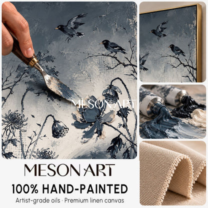 Black And White Crow Floral Painting Rectangular Wall Art Original Artist Hand Painted By Mesonart