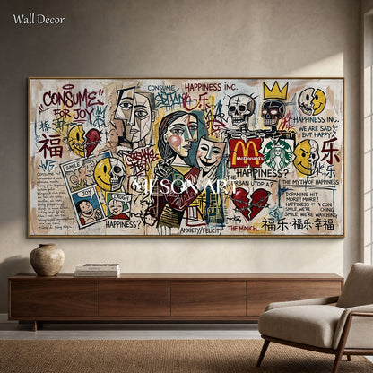 Urban Happiness Paradox Abstract Pop Art Painting With Consumer Icons For Modern Living Room Decor