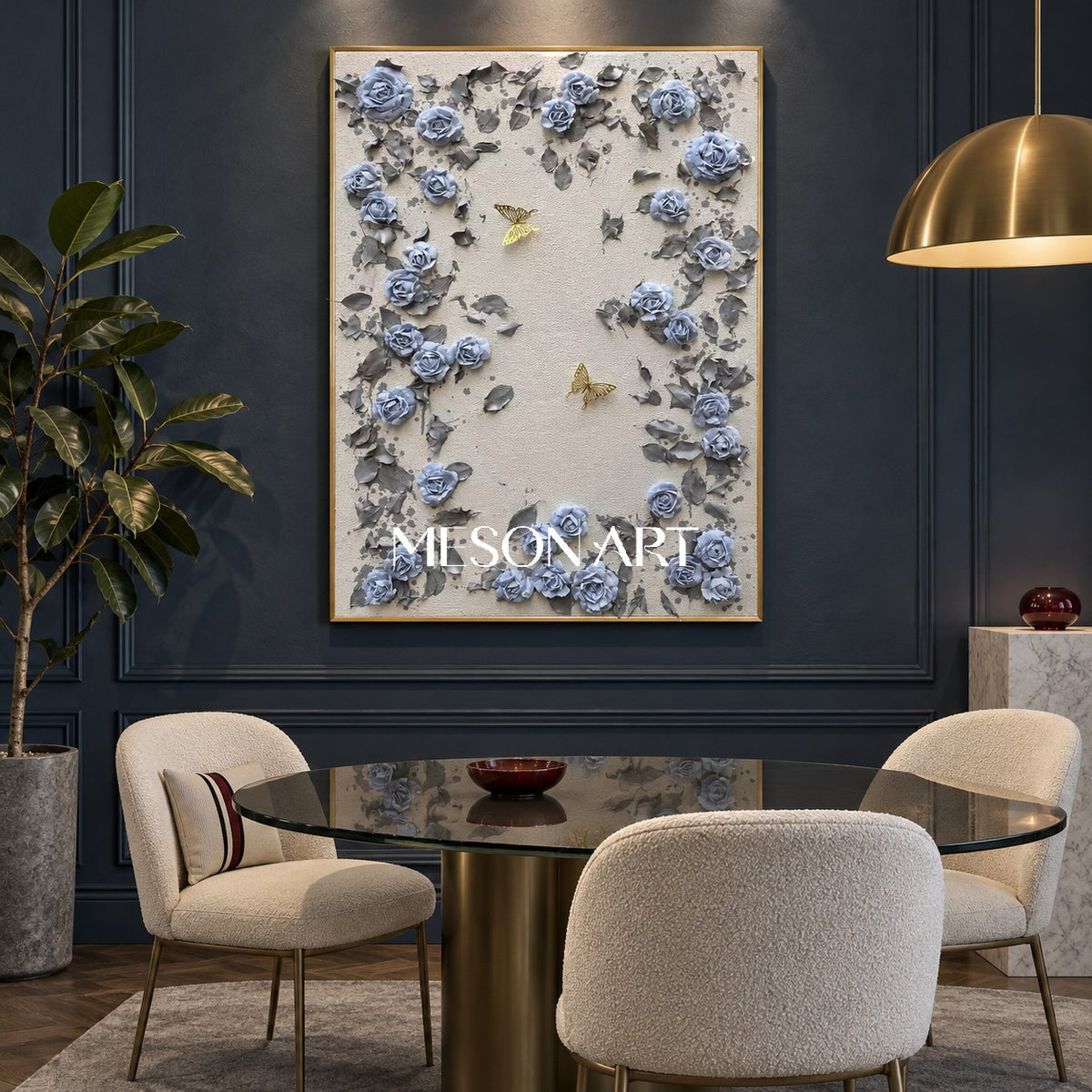 Blue And Gray Botanical Painting Original Hand Painted Modern Organic Wall Art Rectangular Canvas By Mesonart
