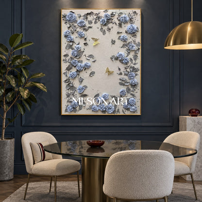 Blue And Gray Botanical Painting Original Hand Painted Modern Organic Wall Art Rectangular Canvas By Mesonart