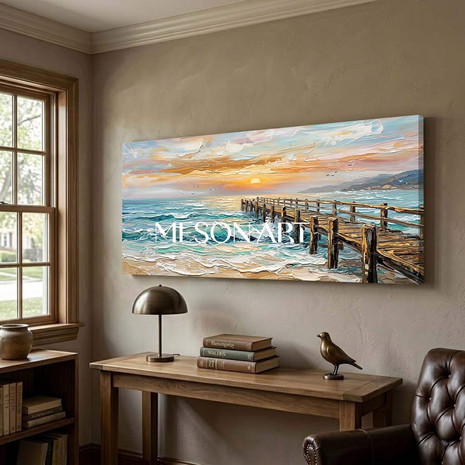 Luxury Golden Sunset Seascape Oil Painting With Textured Pier For Modern Living Room Wall Art