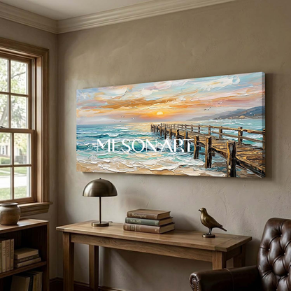 Luxury Golden Sunset Seascape Oil Painting With Textured Pier For Modern Living Room Wall Art