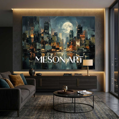 Abstract Cityscape Oil Painting With Textured Plaster Effect For Modern Living Room Decor