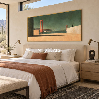 Green And Brown Surrealist Architectural Painting Minimal Geometric Bridge Horizon Panoramic Wall Art For Living Room By Mesonart